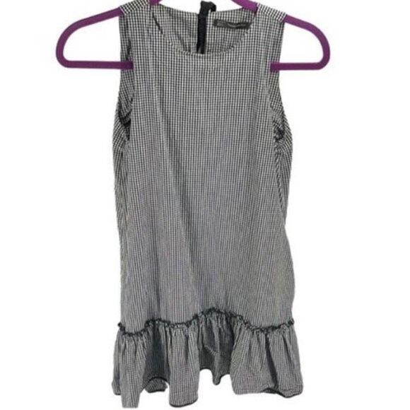 Zara Women's Shift Dress Shift Dress Ruffled Trim Mini Black White Check Size XS - Picture 1 of 10